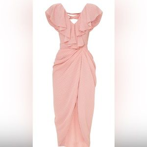 Pink Polka Dot Draped Lace Up Back Midi Dress